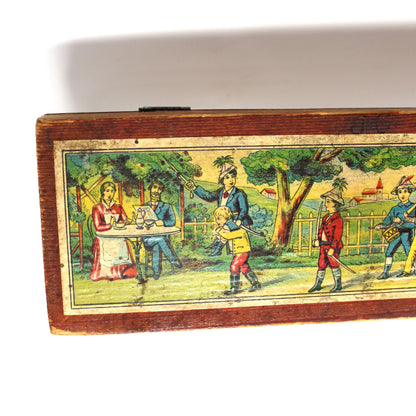 Pencil Case, Wooden Pencil Box, Nursery Rhyme Lithograph, Pied Piper of Hamelin, Antique