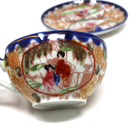 Teacup and Saucer, Geisha Girl, Hand Painted Women in Garden, Cobalt Blue, Japan, Antique