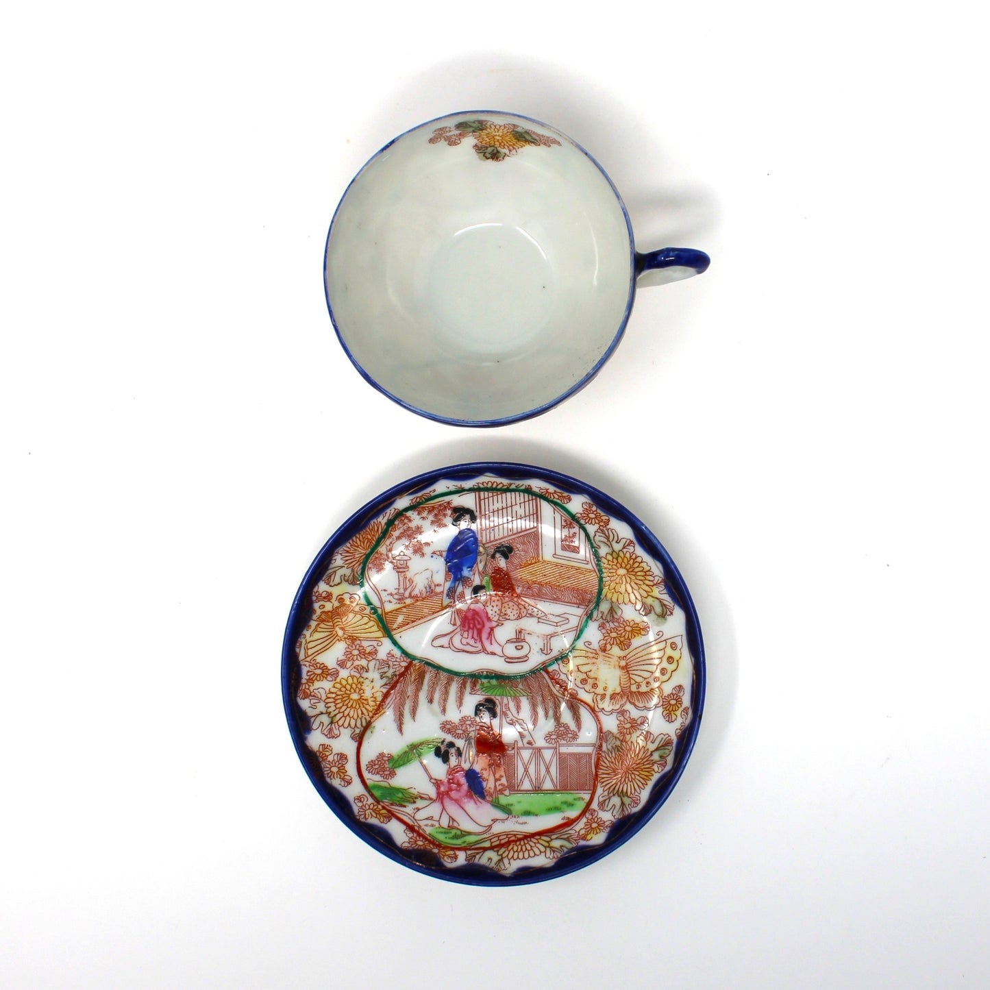 Teacup and Saucer, Geisha Girl, Hand Painted Women in Garden, Cobalt Blue, Japan, Antique