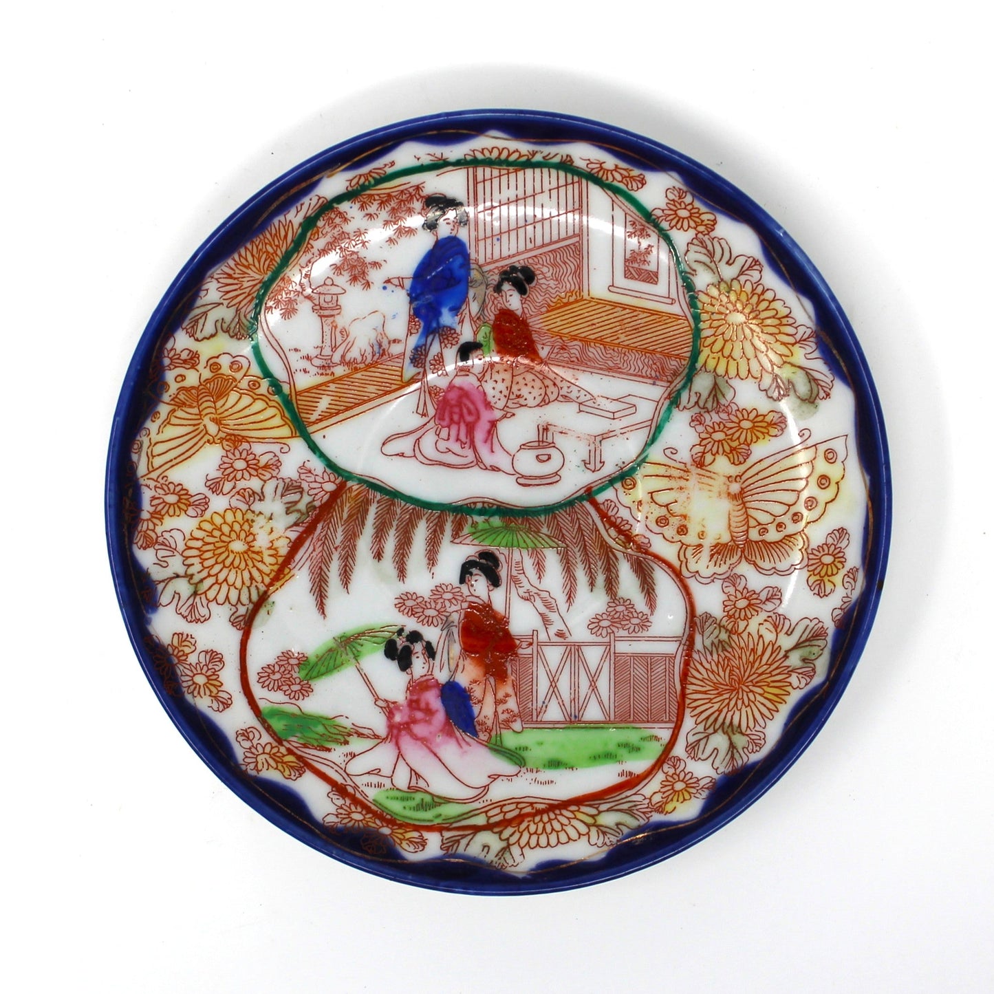 Teacup and Saucer, Geisha Girl, Hand Painted Women in Garden, Cobalt Blue, Japan, Antique