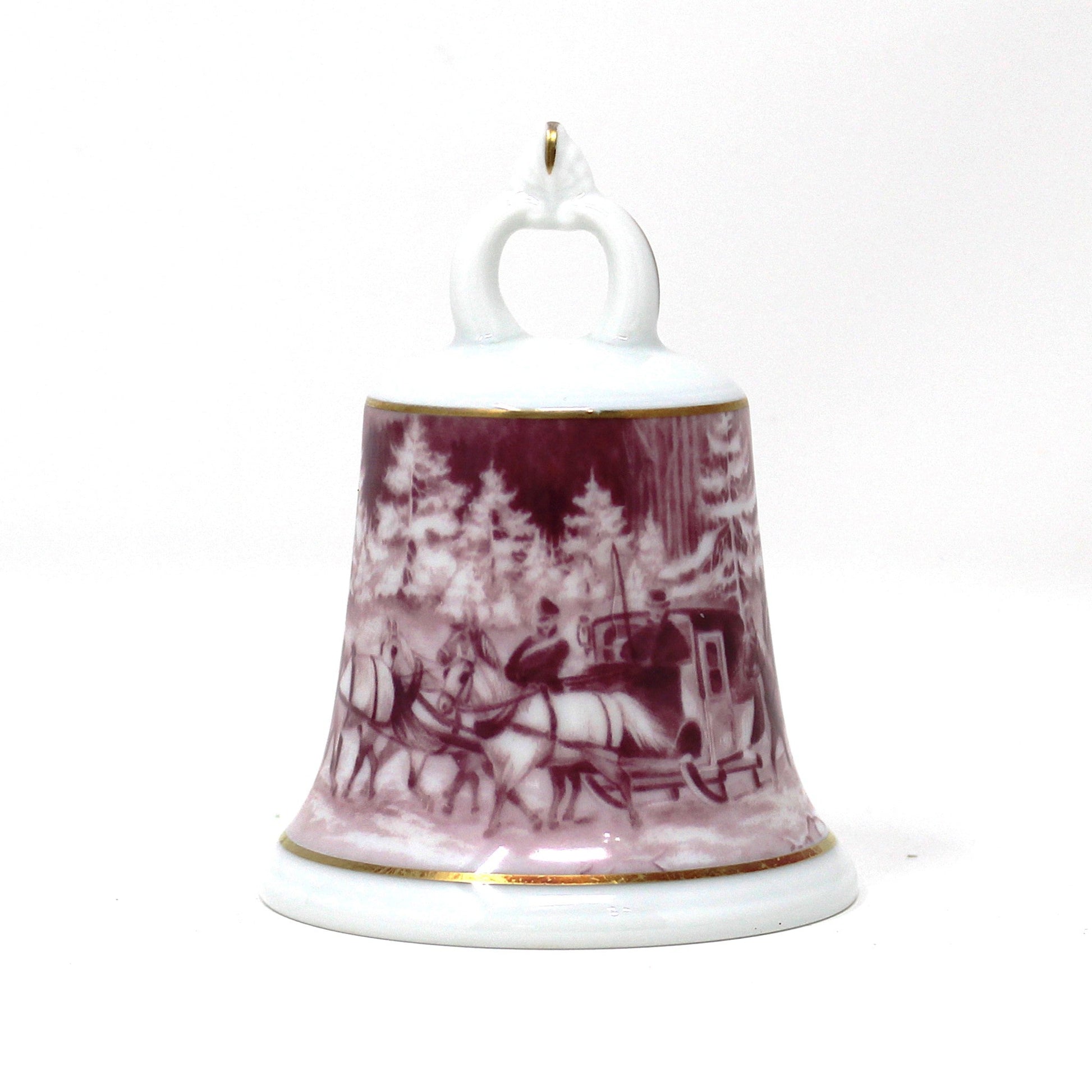 Vintage Porcelain Pink / Purple (Fuchsia), ceramic bell with a winter scenic landscape and horse and carriage design from AK Kaiser, German Porcelain.  