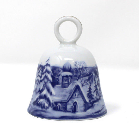Vintage Porcelain Blue and white ceramic bell with a winter scenic landscape design from Scherzer German Porcelain.  