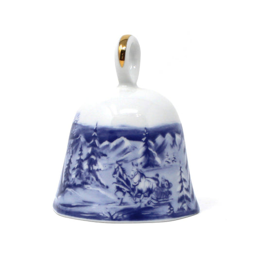 Vintage Porcelain Blue and white ceramic bell with a winter scenic landscape design with sleigh and horses, from Scherzer German Porcelain.  