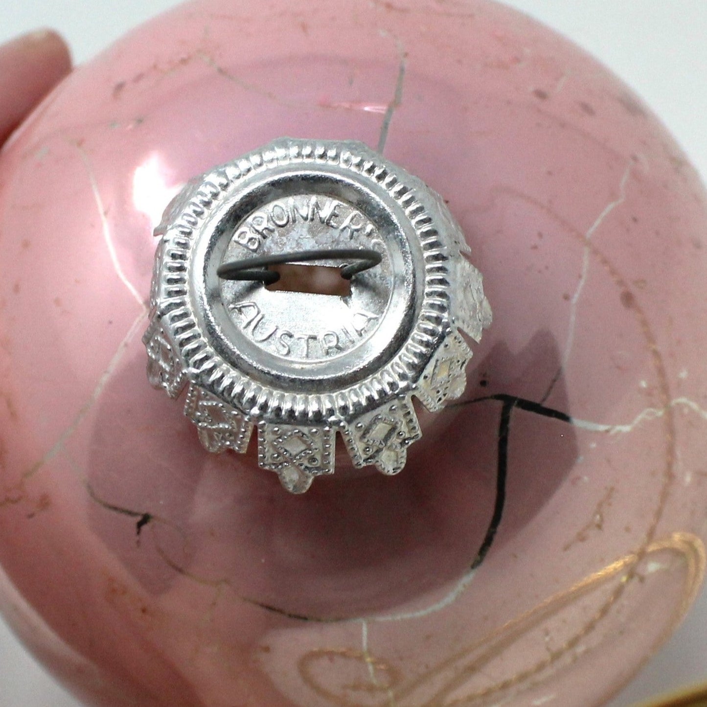 Ornaments, Glass Ball, Bronner's Austria, Baby's First Christmas Pink, Vintage Christmas