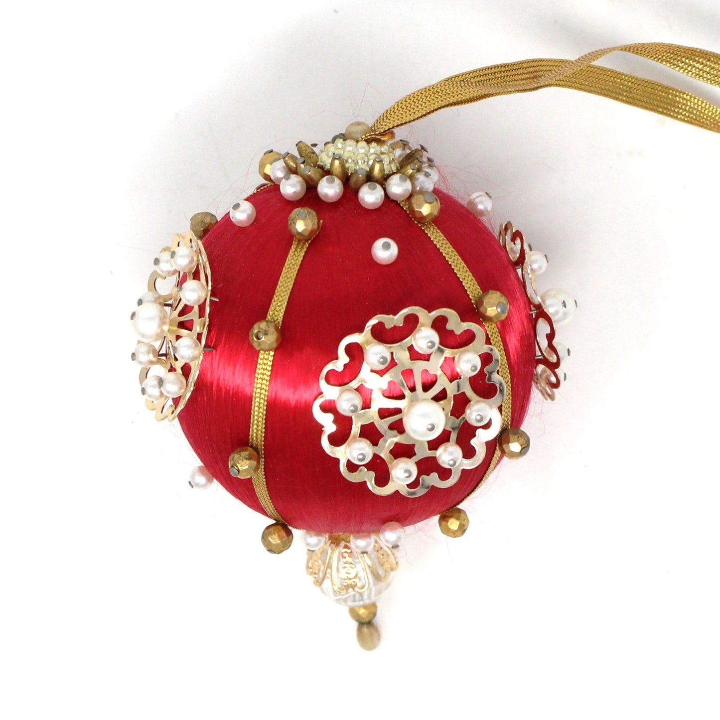 Ornament, Satin Beaded Ball, Red, Gold & White, Hand Made, Vintage