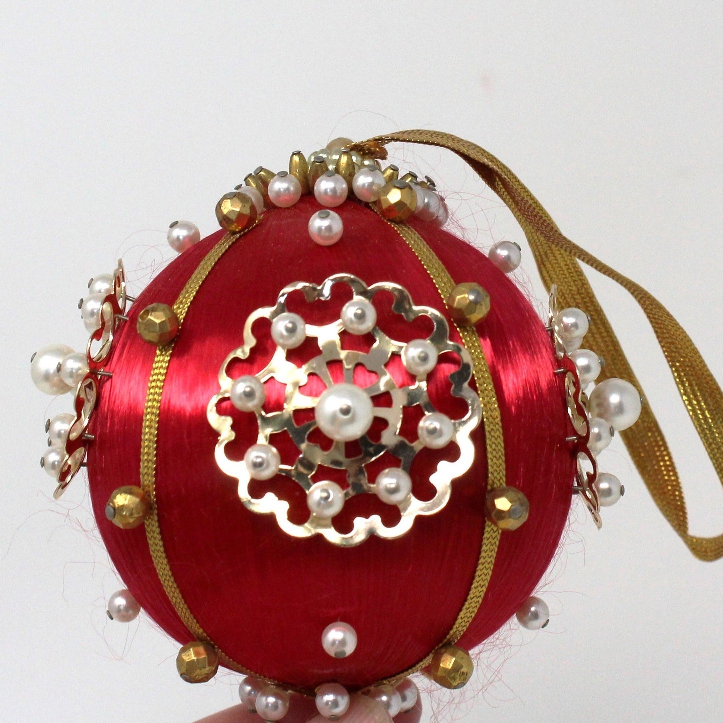 Ornament, Satin Beaded Ball, Red, Gold & White, Hand Made, Vintage