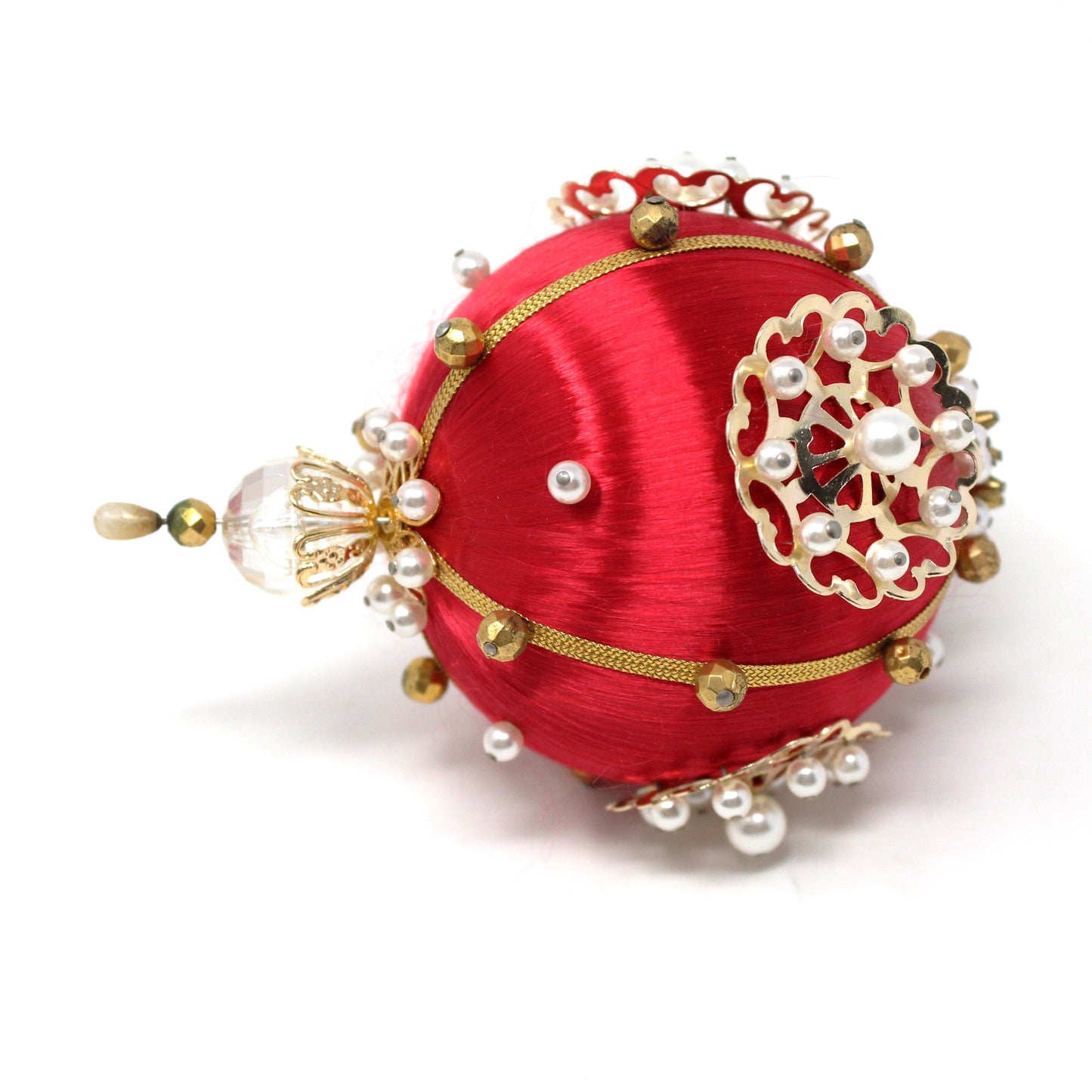Ornament, Satin Beaded Ball, Red, Gold & White, Hand Made, Vintage