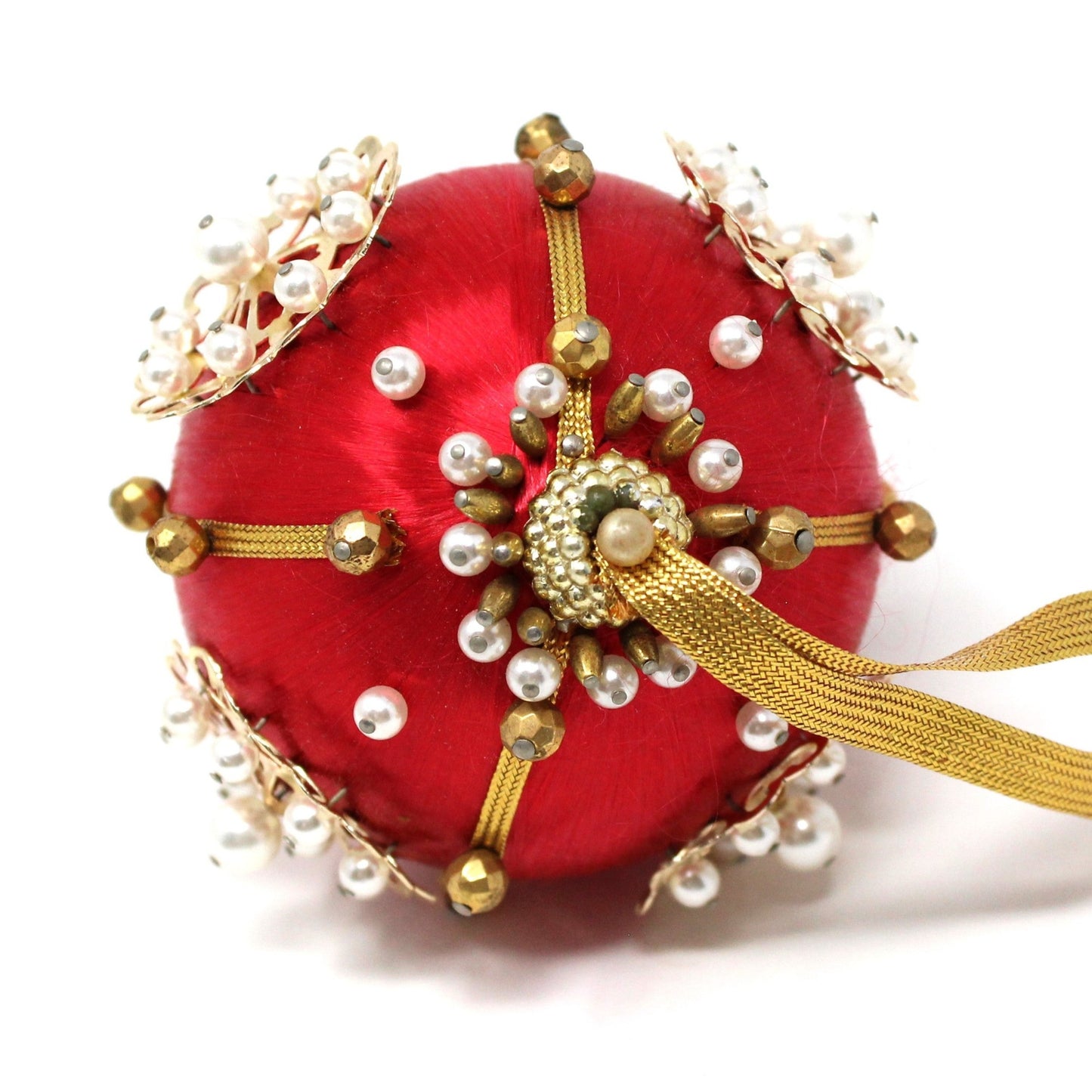 Ornaments, Satin Beaded Ball, Red, Gold & White, Hand Made, Vintage