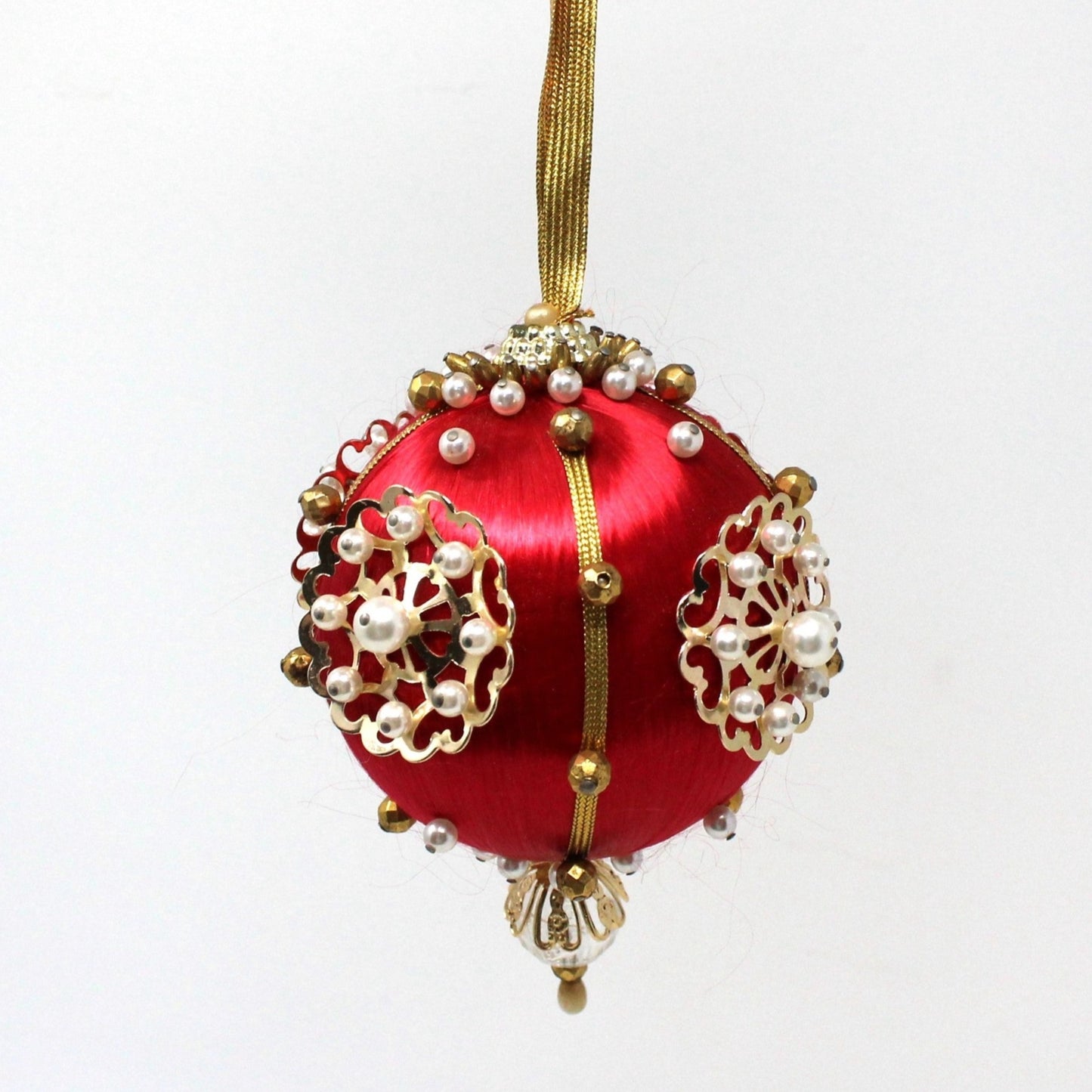 Ornaments, Satin Beaded Ball, Red, Gold & White, Hand Made, Vintage