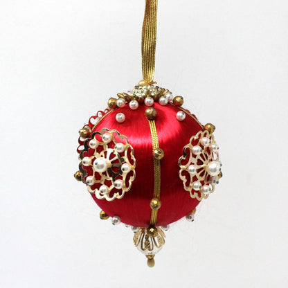 Ornament, Satin Beaded Ball, Red, Gold & White, Hand Made, Vintage