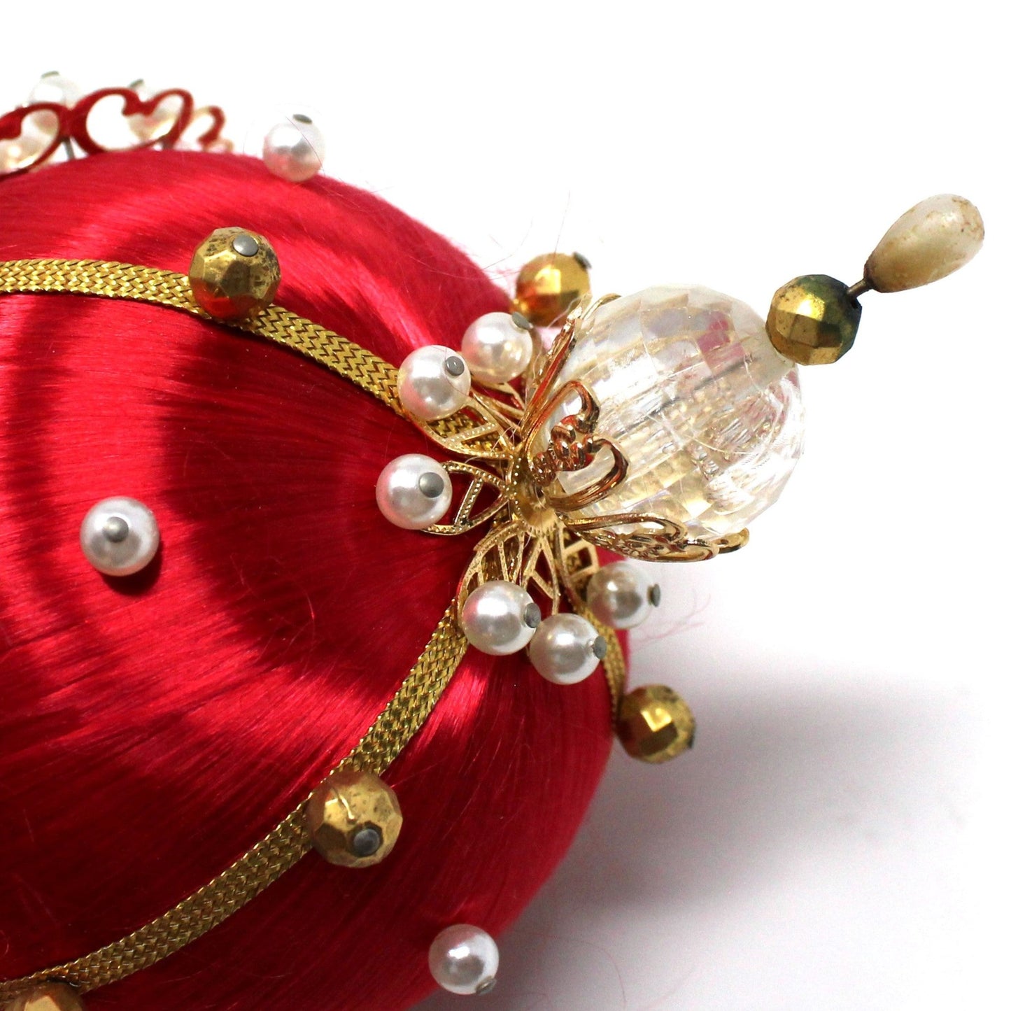 Ornament, Satin Beaded Ball, Red, Gold & White, Hand Made, Vintage