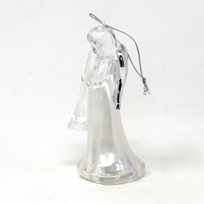 Ornament, Lighted Angel Playing Trumpet, White with Silver Wings, Plastic