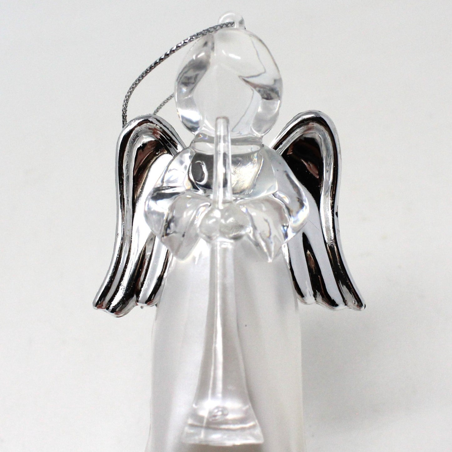 Ornament, Lighted Angel Playing Trumpet, White with Silver Wings, Plastic