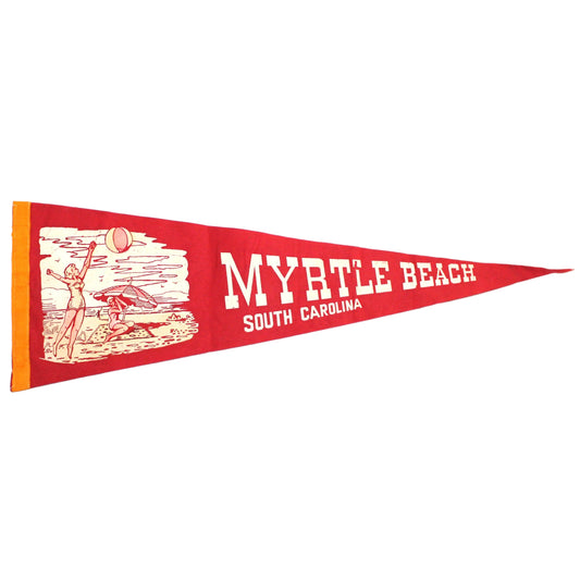 Vintage 1940's Pennant, Myrtle Beach, South Carolina' text with bathing beauties playing on the beach.