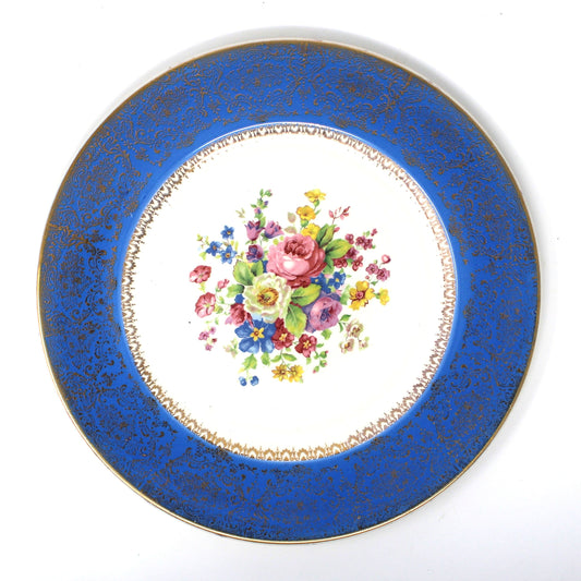 Chargers / Service Plate, Salem China Co, Century Blue Band Floral, Gold Filigree, USA Decorative Wall Plate, Vintage