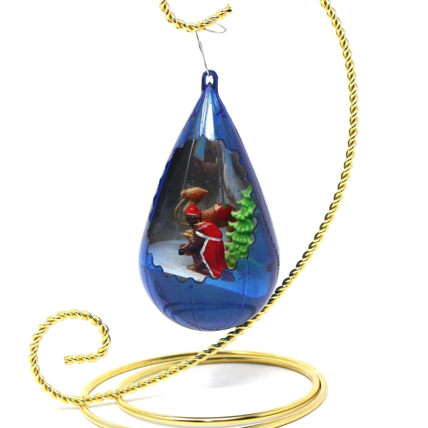 Ornament, Christmas Jewelbrite Diorama, Teardrop Blue with Wise Man & Camel, Vintage