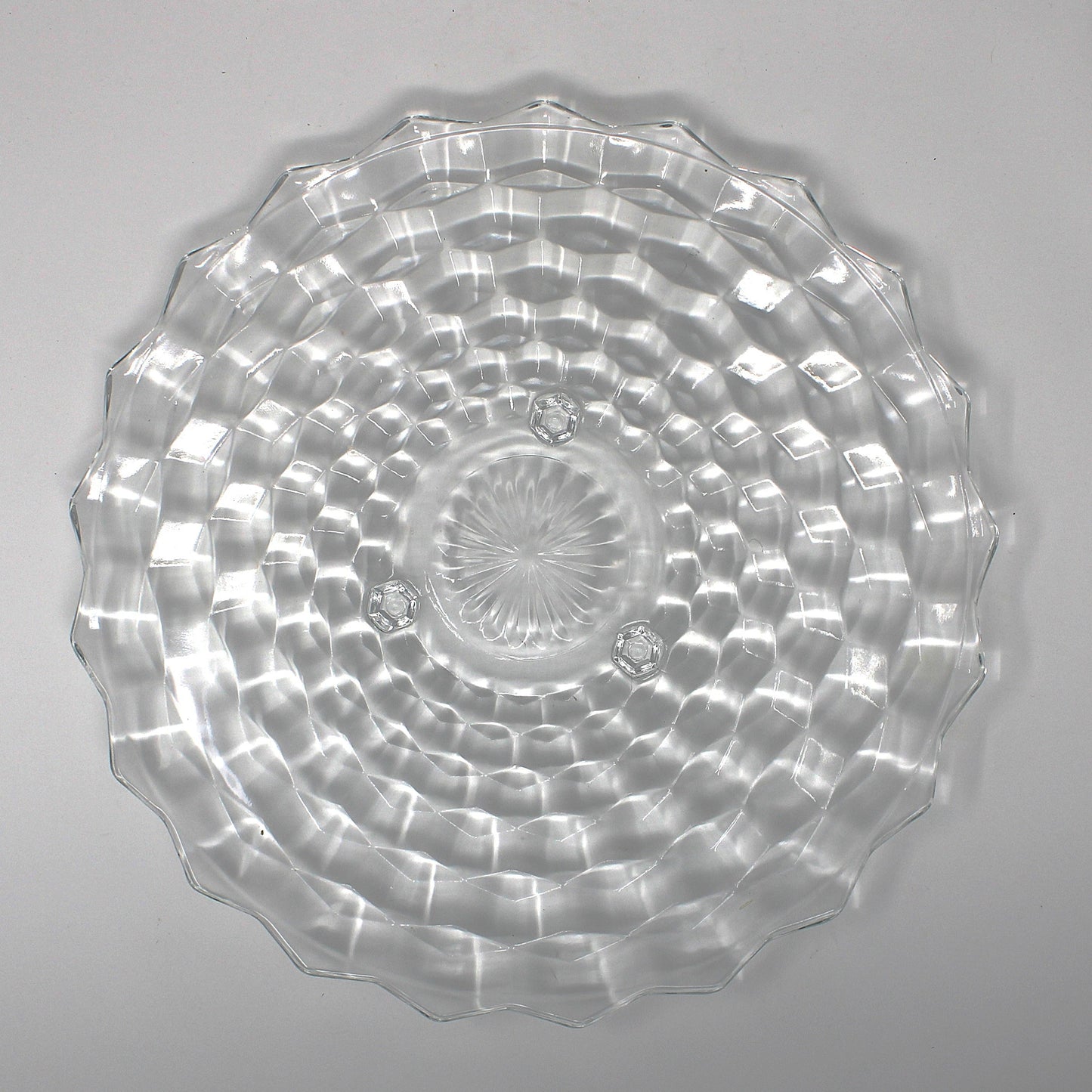 Vintage Indiana Glass Whitehall Clear glass serving plate.  Geometric design, 3-toed cake plate.