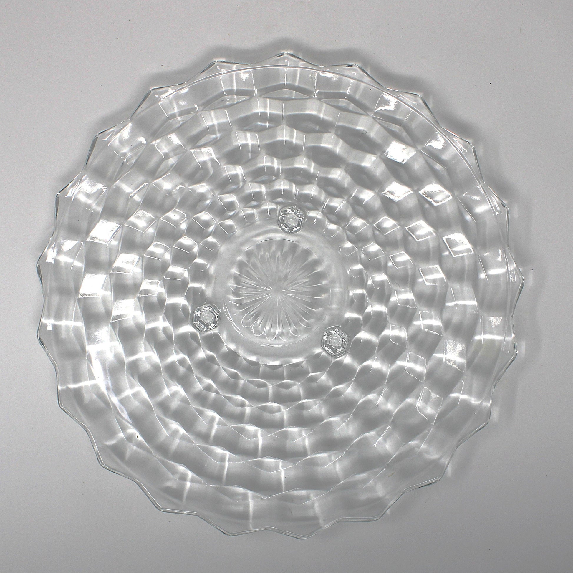 Vintage Indiana Glass Whitehall Clear glass serving plate.  Geometric design, 3-toed cake plate.