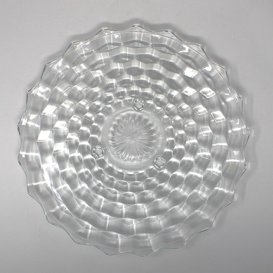 Vintage Indiana Glass Whitehall Clear glass serving plate.  Geometric design, 3-toed cake plate.