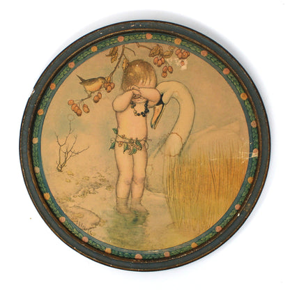 Print, Framed, SB Pearse, Autumn Nursery Print, Child with Swan, Original Gesso Frame, Antique