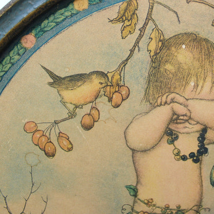 Print, Framed, SB Pearse, Autumn Nursery Print, Child with Swan, Original Gesso Frame, Antique