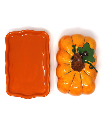 Butter Dish, Blue Sky, Pumpkin Shaped with Stem, Orange Ceramic, 2017