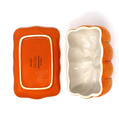 Butter Dish, Blue Sky, Pumpkin Shaped with Stem, Orange Ceramic, 2017