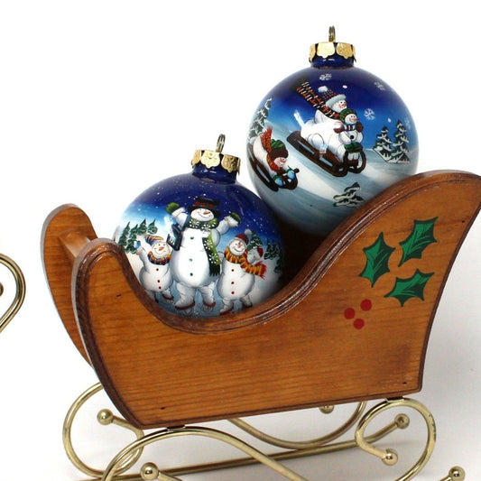 Ornaments, Antique Heritage, Christmas Reverse Painted Glass Ball, Snowmen, 3.5", Set of 2
