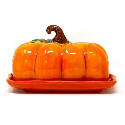 Butter Dish, Blue Sky, Pumpkin Shaped with Stem, Orange Ceramic, 2017