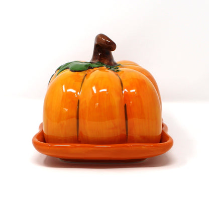 Butter Dish, Blue Sky, Pumpkin Shaped with Stem, Orange Ceramic, 2017