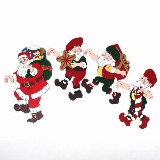 Art, NCE, Christmas Santa & Elves Die-cut Wood, Wall Decor, Set of 4, Vintage