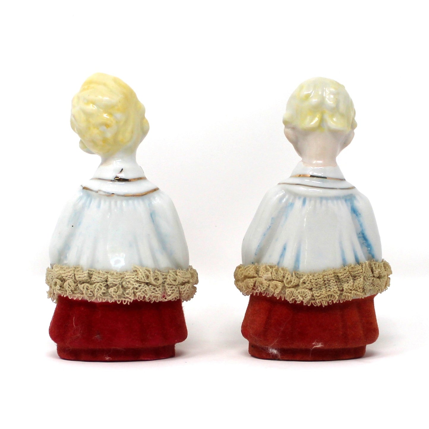Figurine, Christmas Choir Boys, Flocked Robes, Dresden Lace, Hand Painted, Japan Porcelain, Set of 2, Vintage