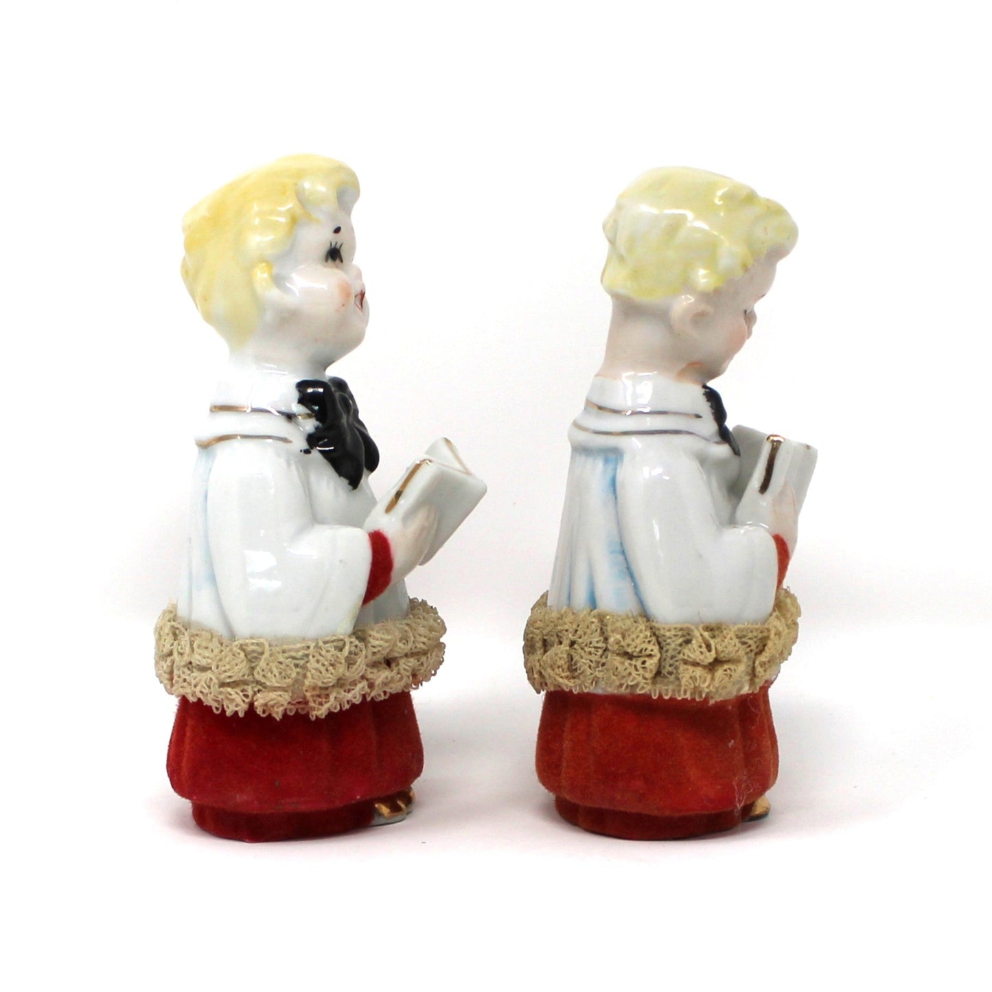 Figurine, Christmas Choir Boys, Flocked Robes, Dresden Lace, Hand Painted, Japan Porcelain, Set of 2, Vintage
