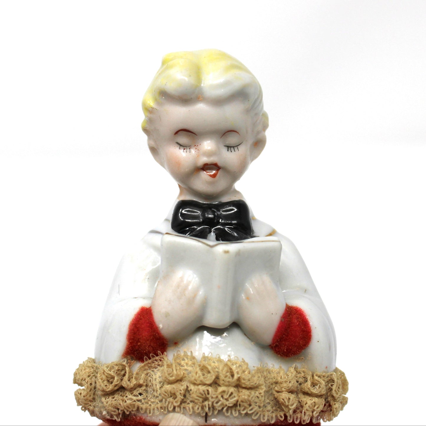 Figurine, Christmas Choir Boys, Flocked Robes, Dresden Lace, Hand Painted, Japan Porcelain, Set of 2, Vintage