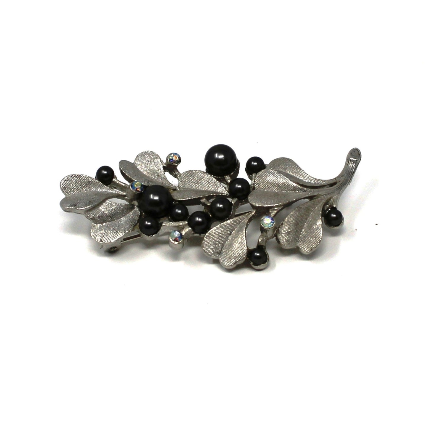 Brooch / Pin, Long Stem Silver Leaves Branch, Black Faux Pearls & AB Rhinestones, Vintage