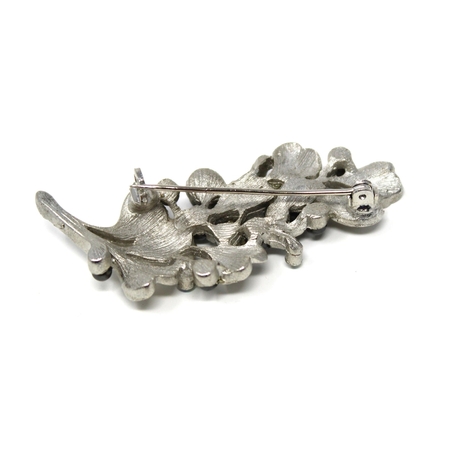 Brooch / Pin, Long Stem Silver Leaves Branch, Black Faux Pearls & AB Rhinestones, Vintage