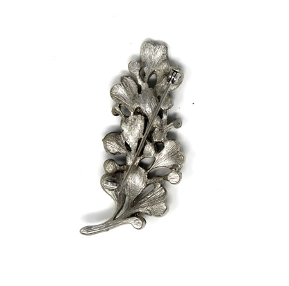 Brooch / Pin, Long Stem Silver Leaves Branch, Black Faux Pearls & AB Rhinestones, Vintage