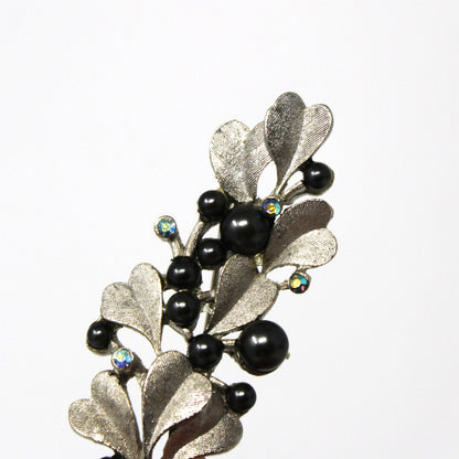 Brooch / Pin, Long Stem Silver Leaves Branch, Black Faux Pearls & AB Rhinestones, Vintage