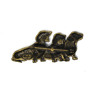 Brooch / Pin, JJ Jonette, Dachshund Dog Trio, Brass Tone, Vintage