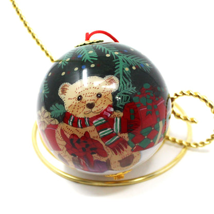 Ornament, Ganz, Christmas Glass Ball, Teddy Bear with Gifts, 3"