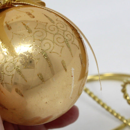 Ornaments, Glass Ball, Gold with Gold Ornate Glitter Swirls, 2", Christmas