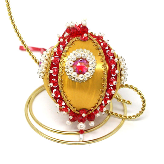 Ornaments, Satin Beaded Ball, Gold & Red, Hand Made, Vintage