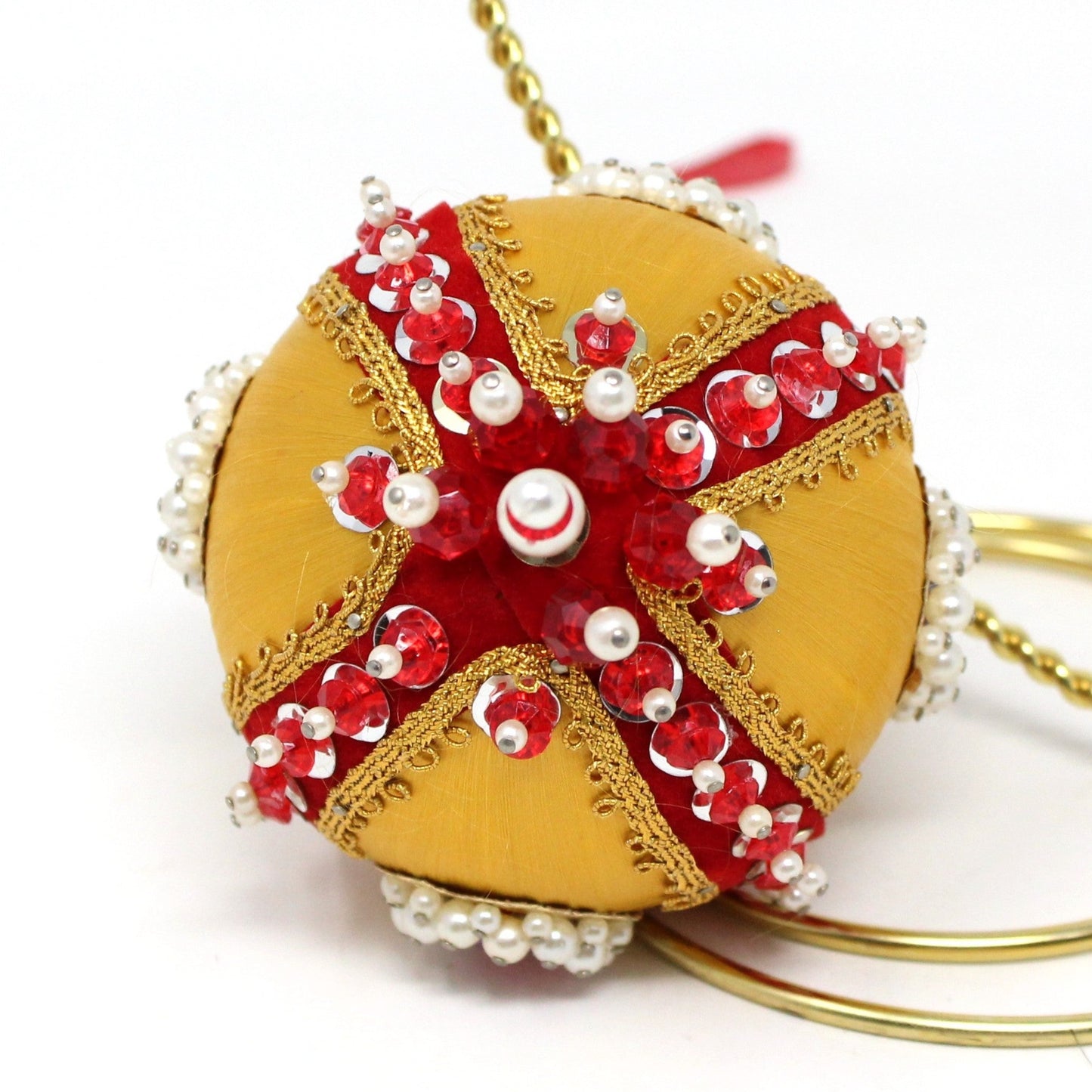 Ornament, Satin Beaded Ball, Gold & Red, Hand Made, Vintage