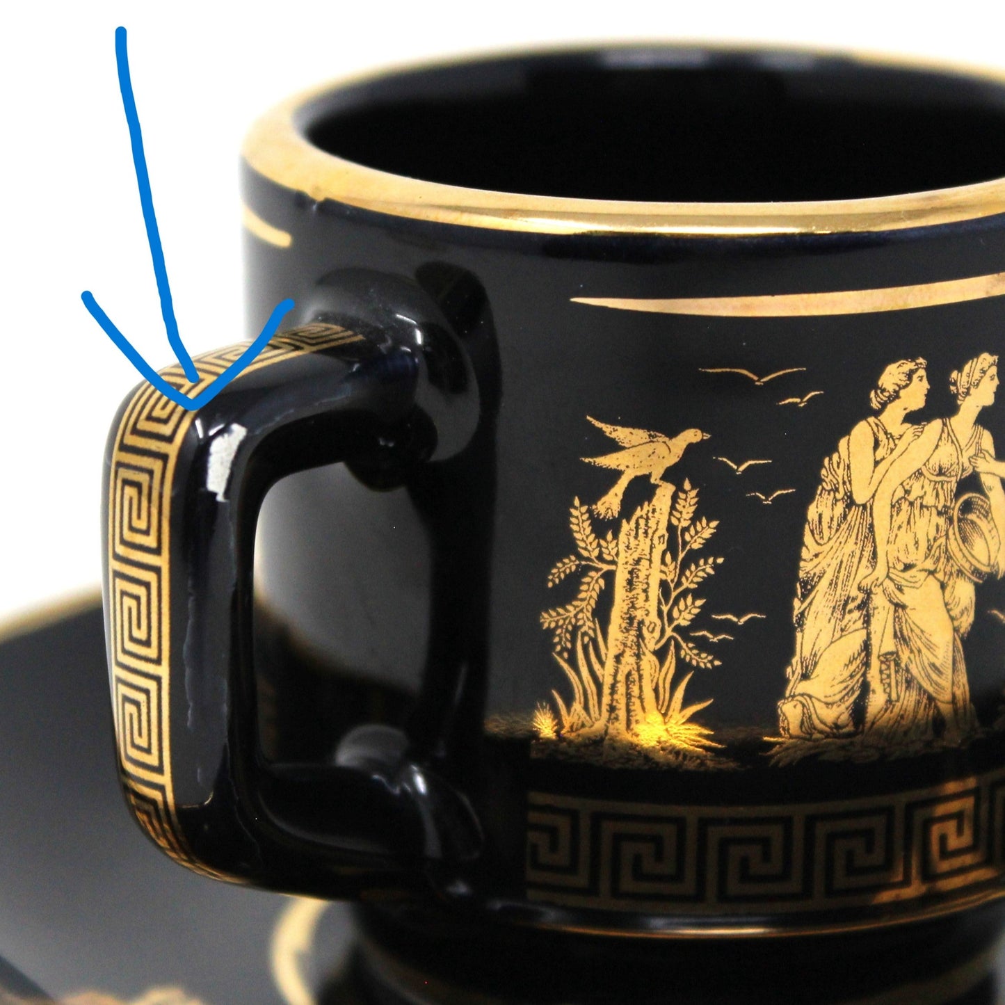 Demitasse & Saucer, Dagounis, 24K Gold & Black, Hand Made in Greece, Vintage