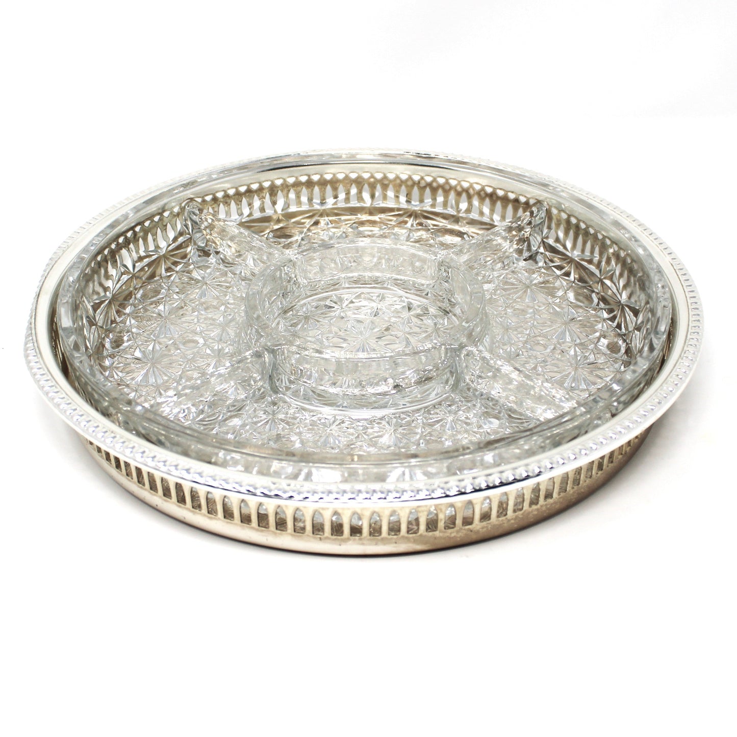 Tray, Silverplate with Glass Liner, Divided 5 Part Relish Dish, Servingware, England, Vintage