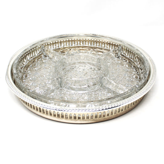 Tray, Silverplate with Glass Liner, Divided 5 Part Relish Dish, Servingware, England, Vintage