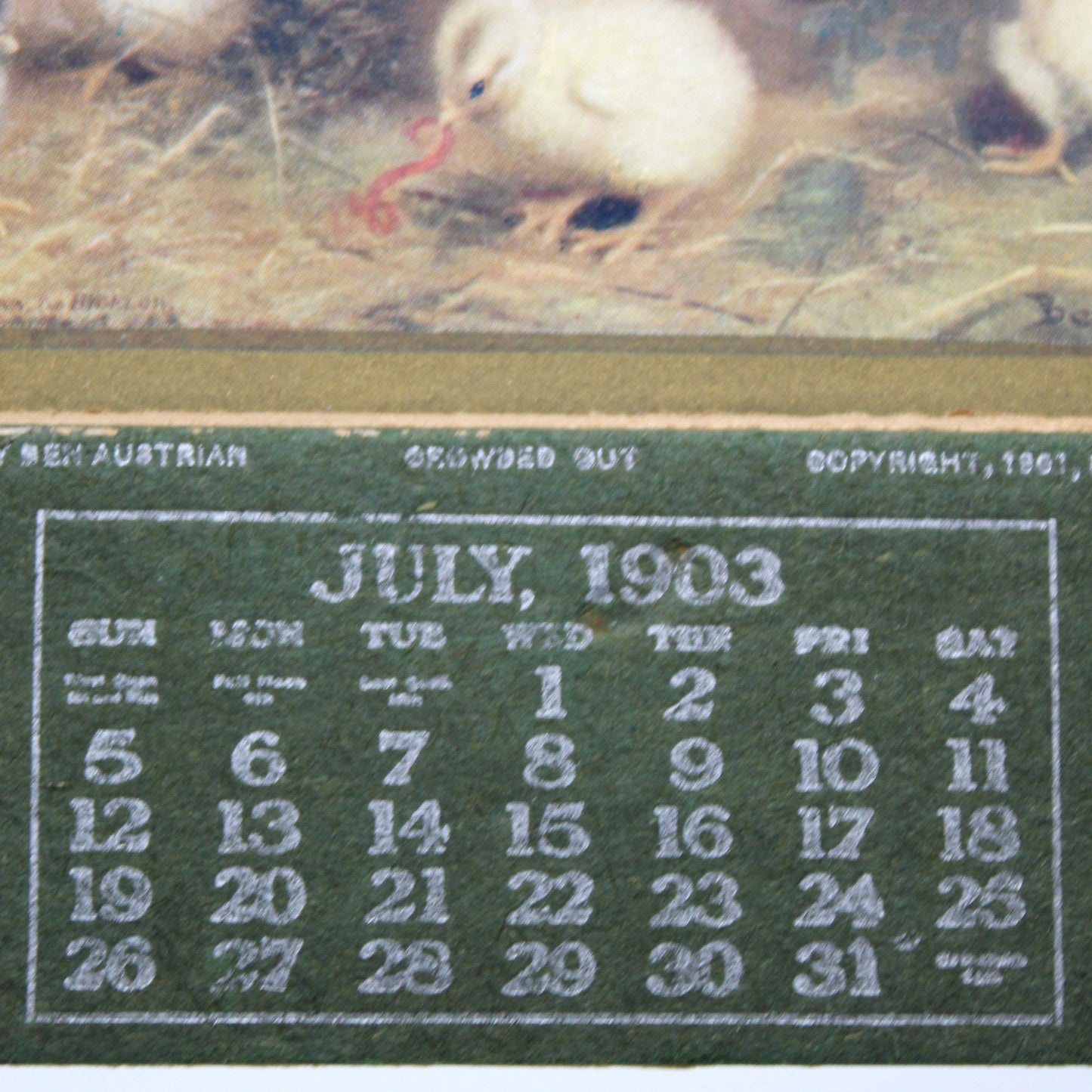 Calendar, Advertising Calendar, Original, Lumen Bearing Co, NY, Ben Austrian Chicks Print, Antique 1903