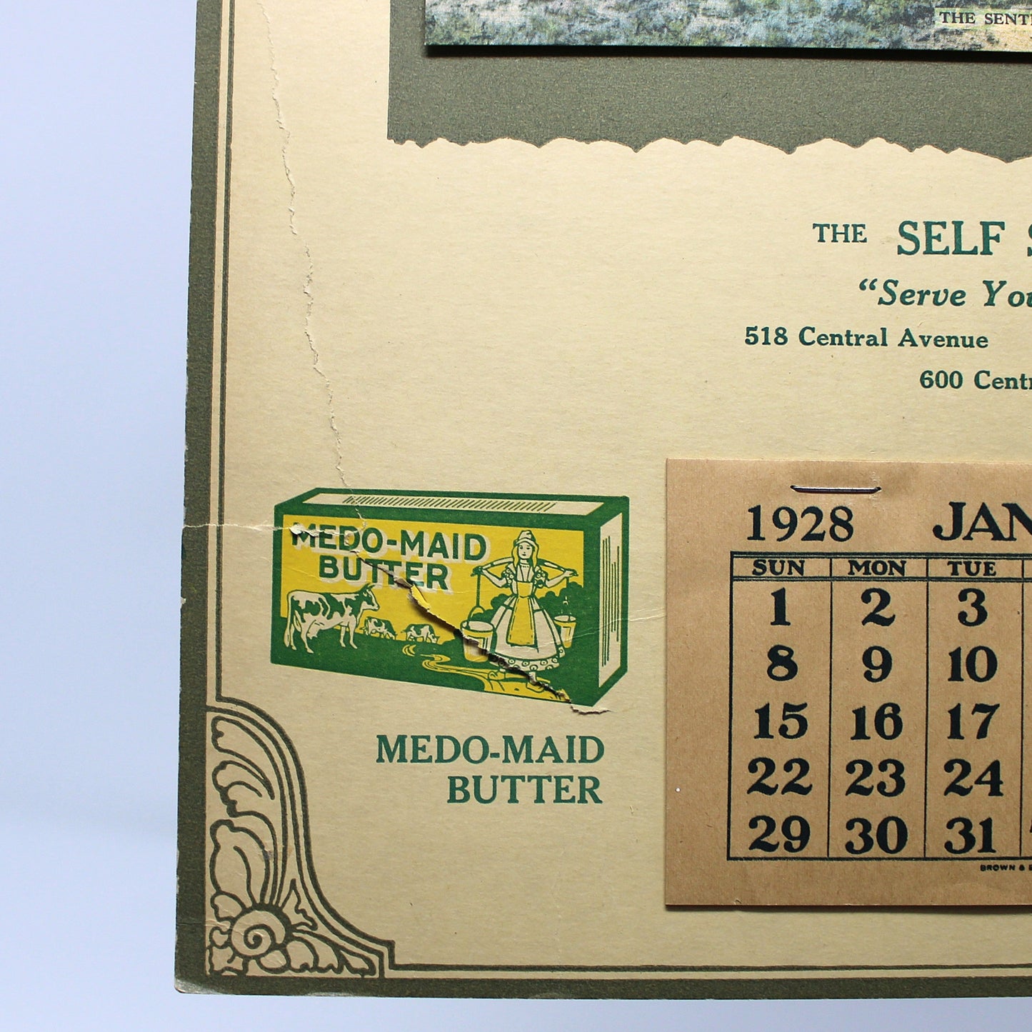 Calendar, Advertising Calendar, Original, Medo-Maid Butter & Banquet Ice Cream, Sentry by the Sea photogravure, Vintage 1928, 16"