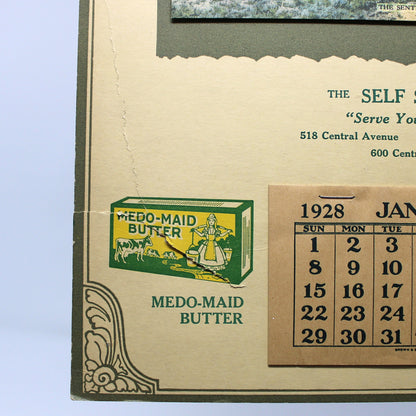 Calendar, Advertising Calendar, Original, Medo-Maid Butter & Banquet Ice Cream, Sentry by the Sea photogravure, Vintage 1928, 16"