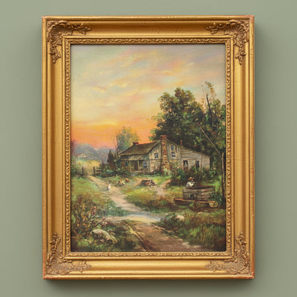 Calendar, Advertising Calendar, Original, Country Cabin at Sunrise Illustration, Vintage 1930, 16"